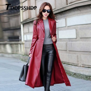 Black and Red Color Long Spring Thick Women Leather Coat Long Sleeve Waist Strap Pocket Female Jacket Red Black